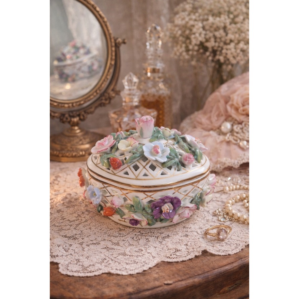 Vintage Floral Porcelain Trinket Box with Lid | Lattice Cutwork Cottagecore...